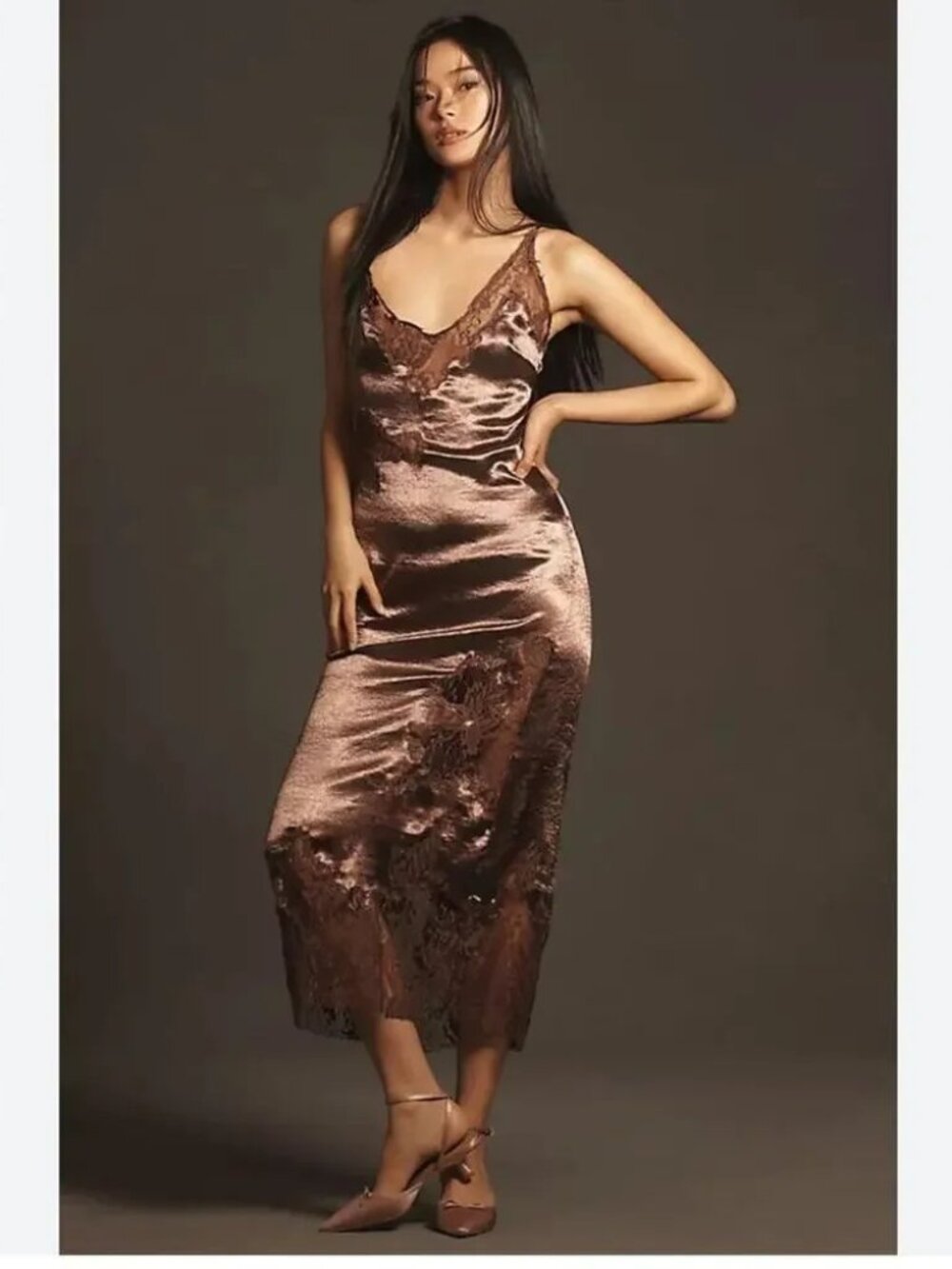 GORGEOUS Anthropologie Satin Lace Mide Slip Dress